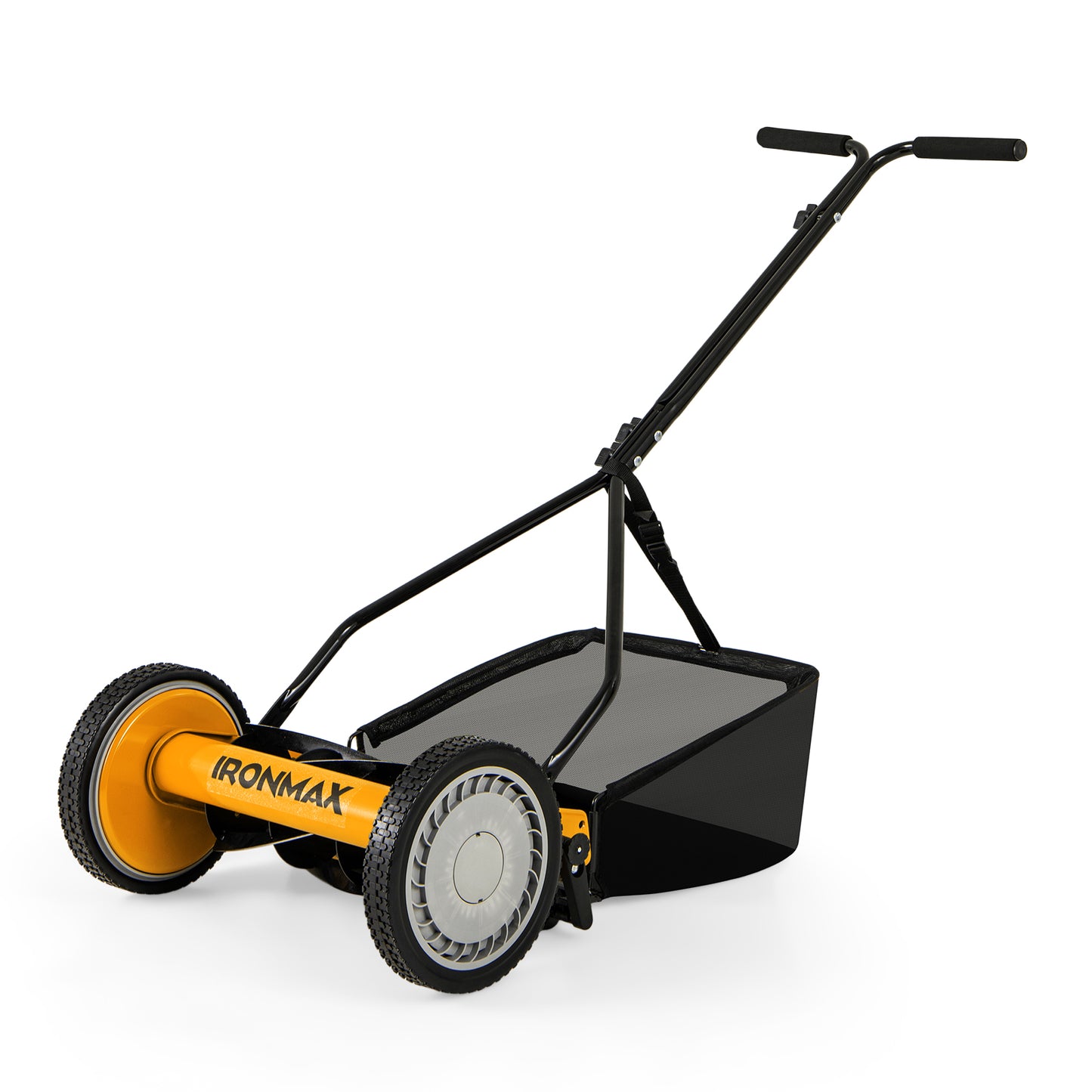 Orange 14-inch push lawn mower with 5 steel blades and grass catcher bag for efficient garden lawn care.