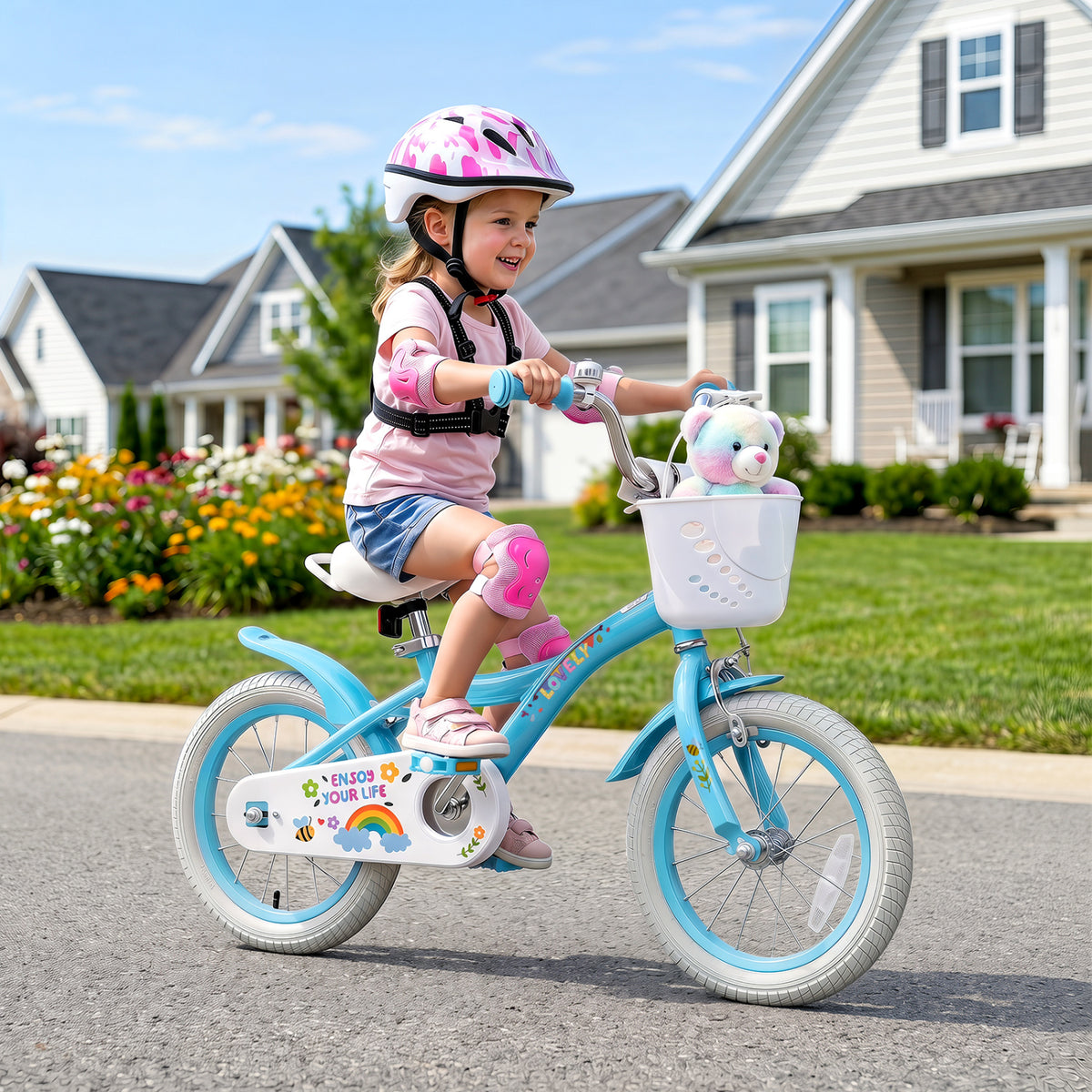 Blue 14-inch girls' bike with training wheels and basket, designed for ages 3-5, featuring a spring party theme for kids.
