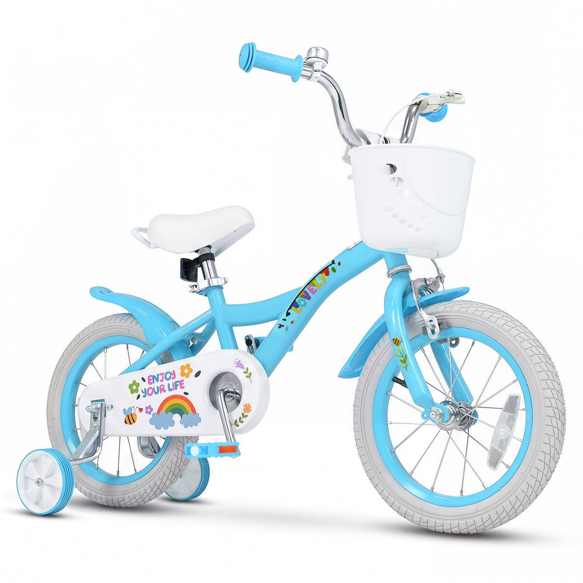 Blue 14-inch girls bike with training wheels and basket, designed for ages 3-5, featuring a spring party theme for kids.
