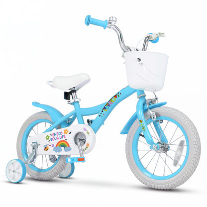 Blue 14-inch girls bike with training wheels and basket, designed for ages 3-5, featuring a spring party theme for kids.