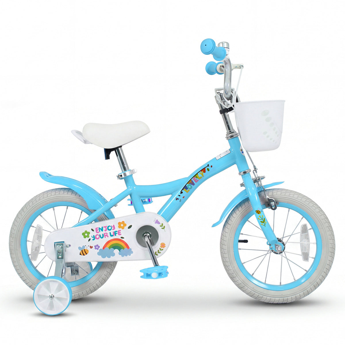 Blue 14-inch girls bike with training wheels and basket, ideal for 3-5 year olds, by Direct by Wilsons Home Store.