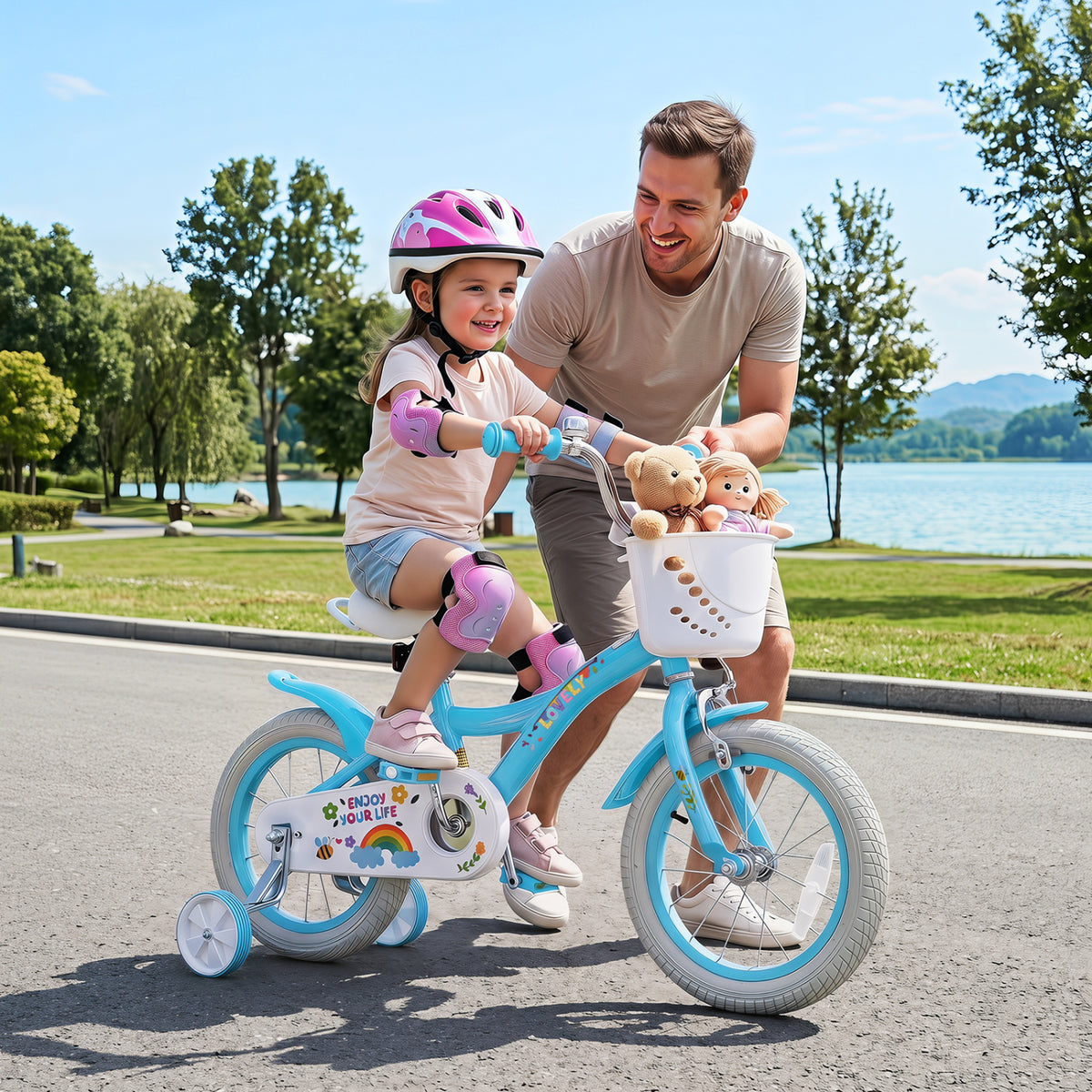 Blue 14-inch girls' bike with training wheels and basket, designed for 3-5 year olds, from Direct by Wilsons Home Store.