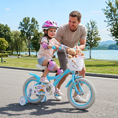 Blue 14-inch girls' bike with training wheels and basket, designed for 3-5 year olds, from Direct by Wilsons Home Store.