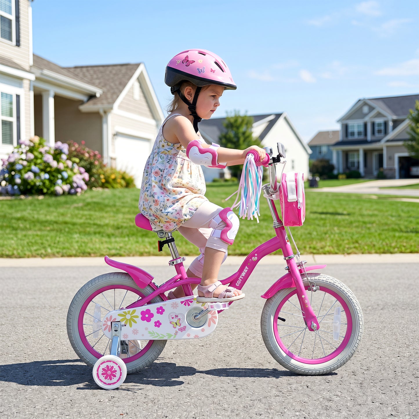 14 Inches Girls Bike with Front Bag and Streamers for 3-5 Years Pink
