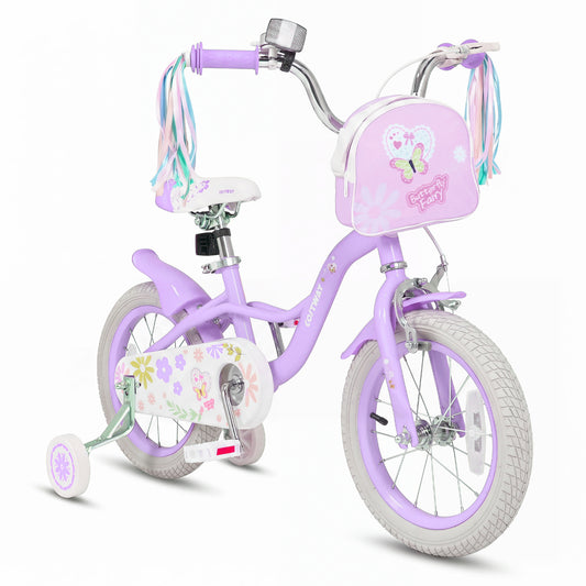 Purple 14-inch girls' bike with front bag and streamers, designed for ages 3-5, from Wilsons Home Store.