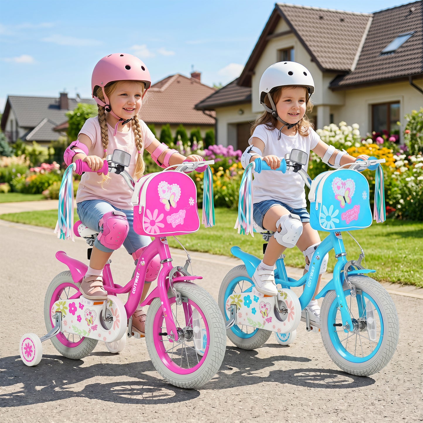 14 Inches Girls Bike with Front Bag and Streamers for 3-5 Years Blue