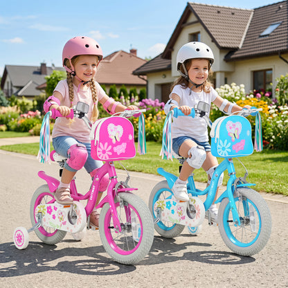 14 Inches Girls Bike with Front Bag and Streamers for 3-5 Years Blue
