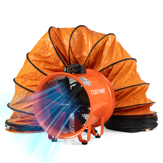 Orange 14-inch industrial blower fan with 25 ft flexible duct hose, ideal for climate control and ventilation applications.