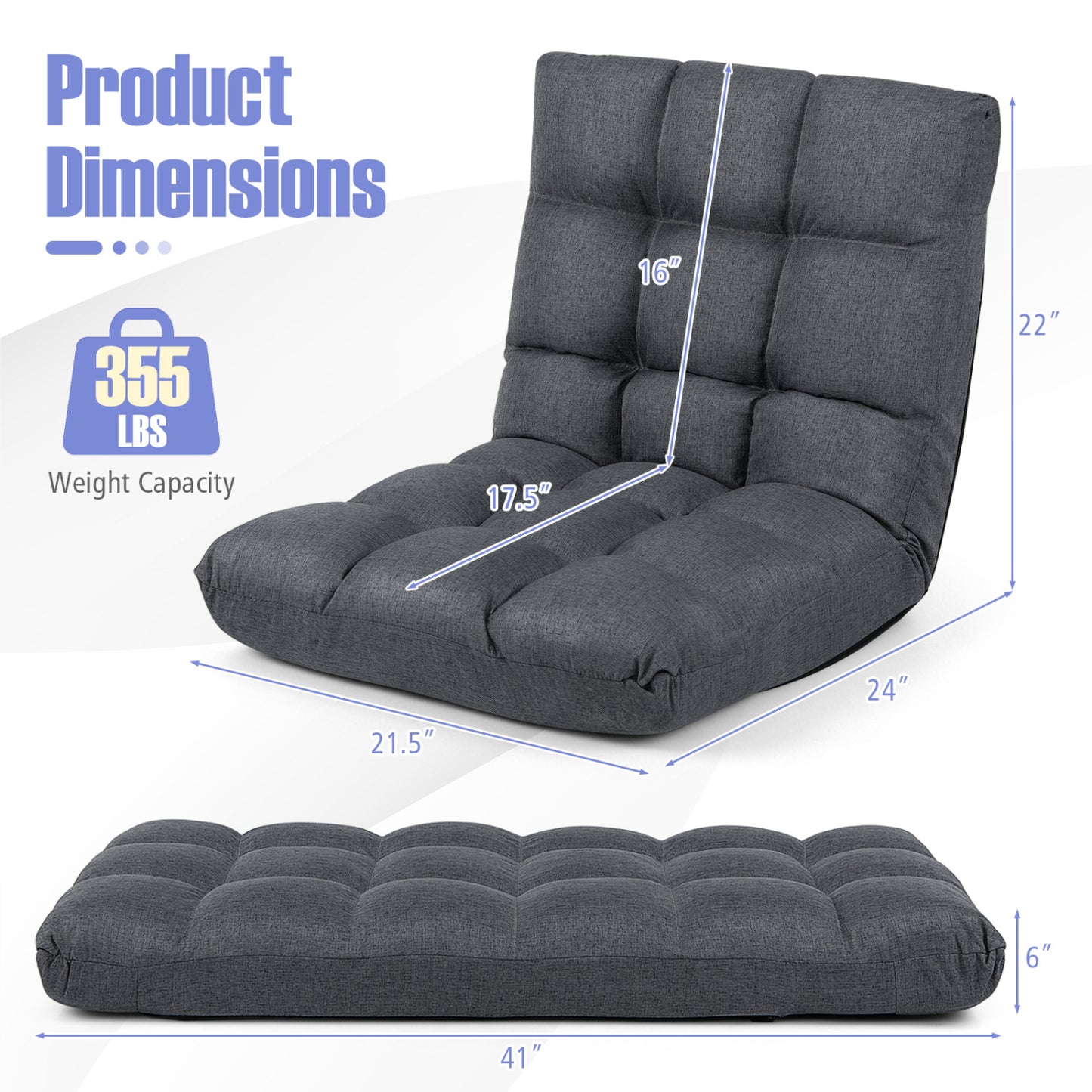 14-Position Adjustable Floor Chair for Adults with Back Support and Comfy Cushion-Gray