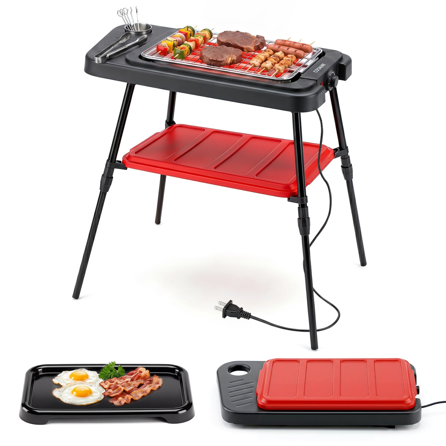 Red 1500W 2-in-1 electric grill with detachable stand and dual plates, ideal for outdoor balcony cooking.