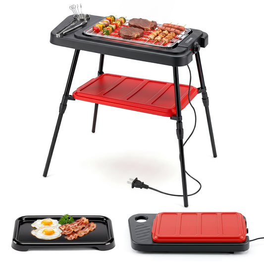 Red 1500W 2-in-1 electric grill with detachable stand and dual plates, ideal for outdoor balcony cooking.