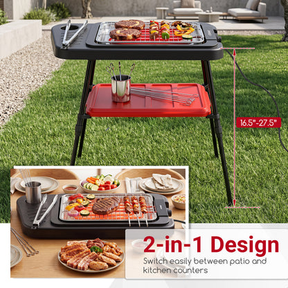 Red 1500W 2-in-1 electric grill with detachable stand and dual cooking plates, ideal for outdoor balcony grilling.