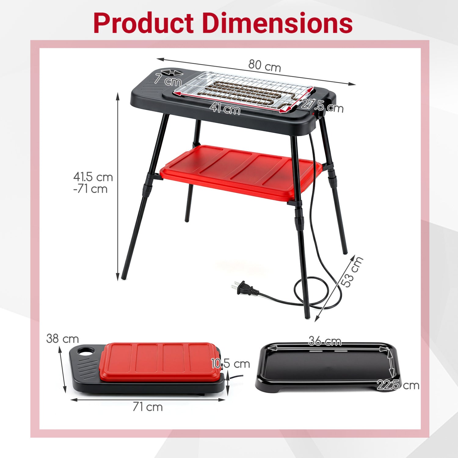 Red 1500W 2-in-1 electric grill with detachable stand and dual plates, ideal for outdoor balcony cooking.