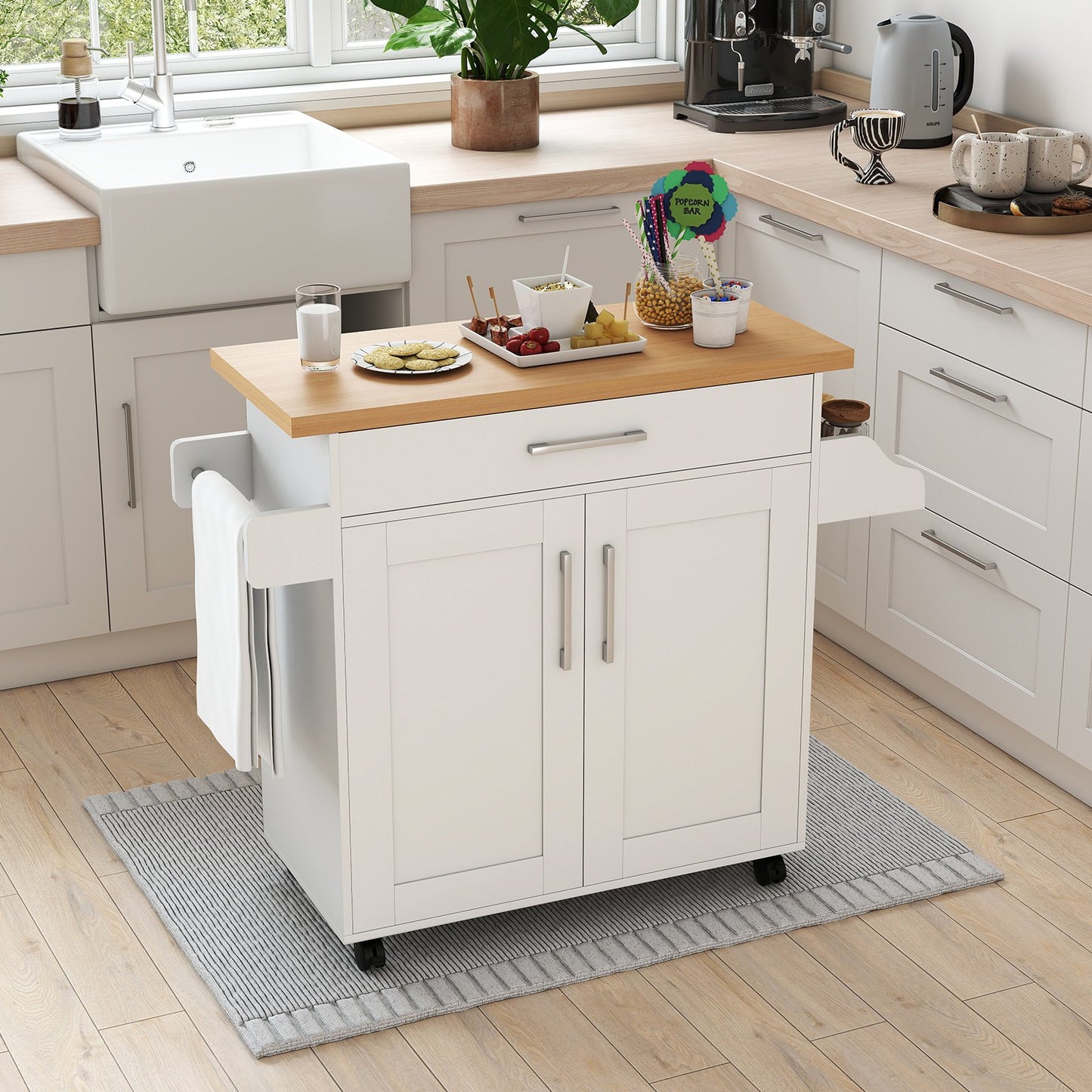 Rolling Kitchen Island Cart with Towel and Spice Rack-Black