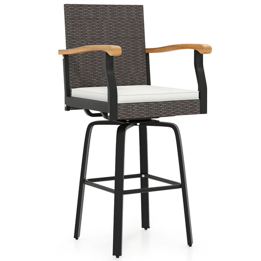 Outdoor 360° swivel bar stool with cushion and acacia wood armrests, perfect for patio bar furniture.