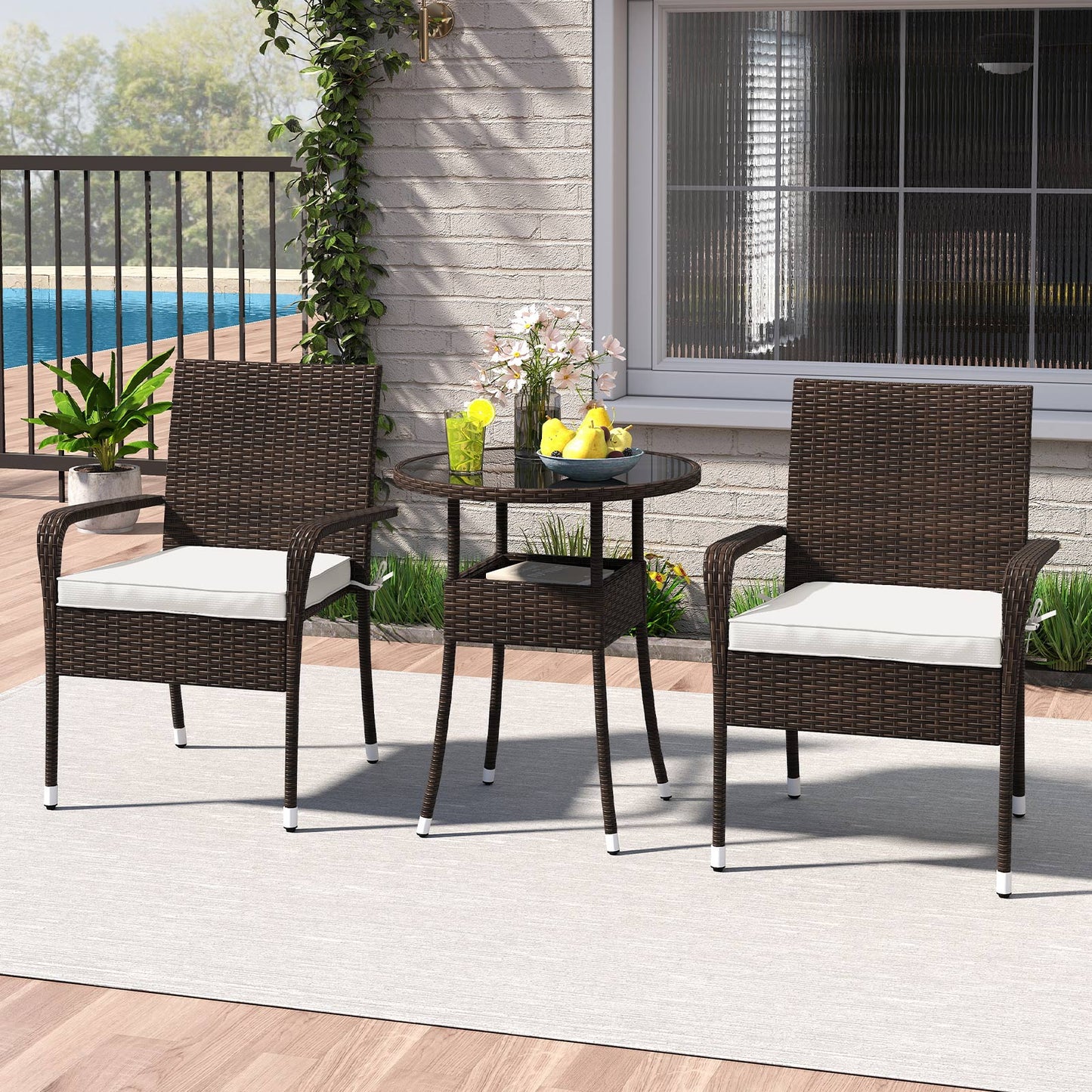 3-Piece Patio Furniture Set PE Rattan Wicker Chairs with Tempered Glass Top Table-White