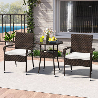 3-Piece Patio Furniture Set PE Rattan Wicker Chairs with Tempered Glass Top Table-White