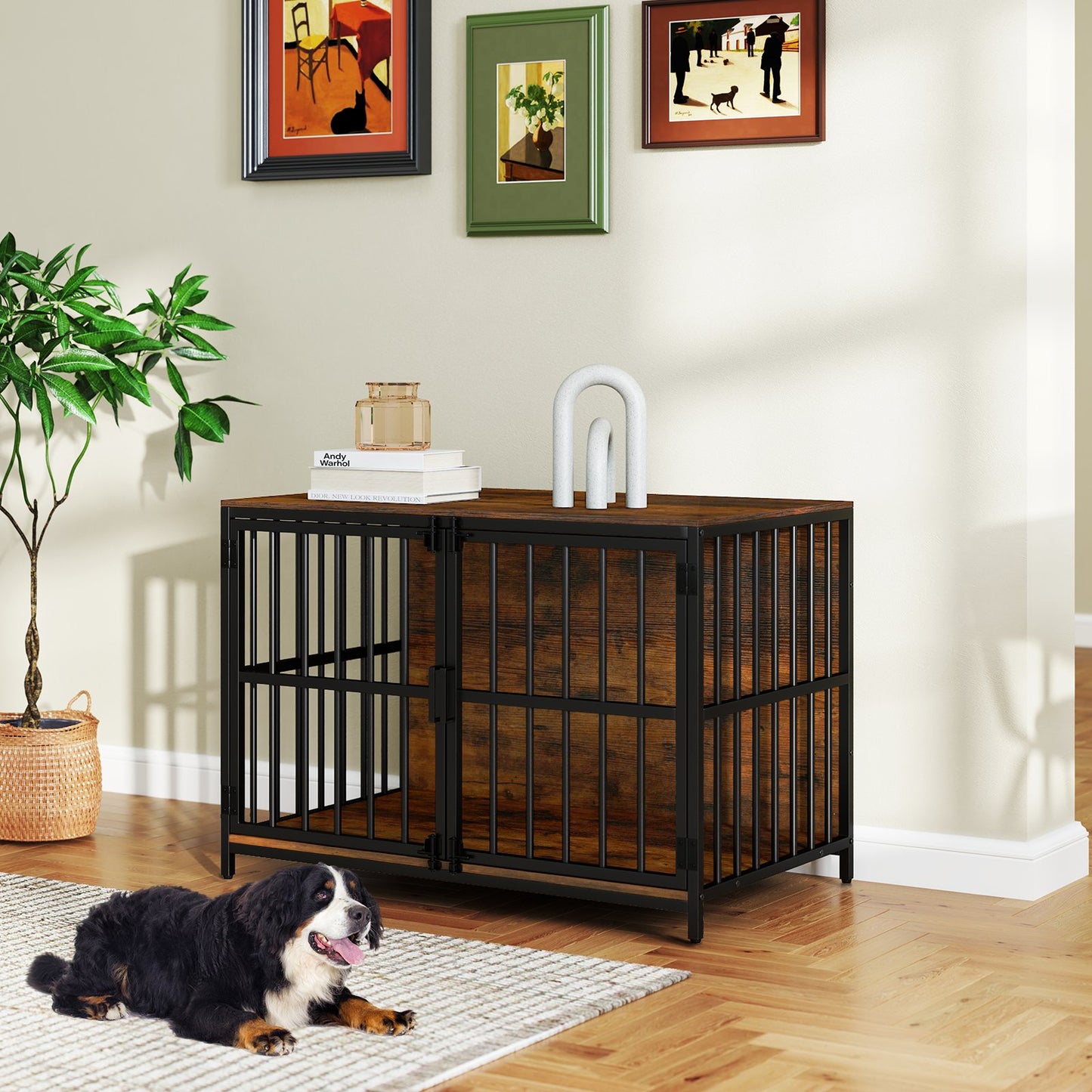 40 Inch Dog Crate Furniture Dog Kennel with Dual Lockable Double Doors-Natural
