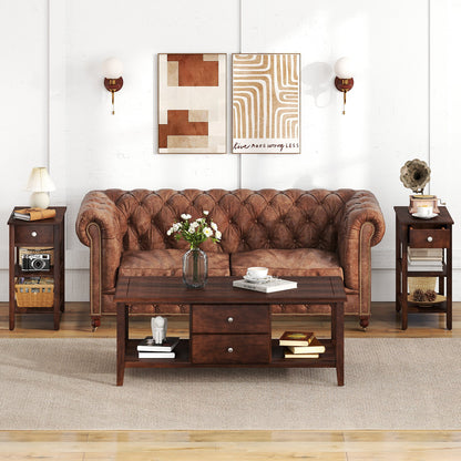 3-Tier Narrow End Table with Drawer and Storage Shelves Set of 2-Brown
