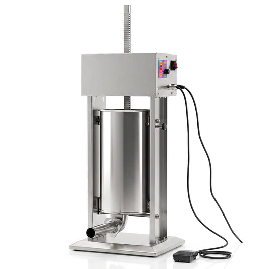 Silver 15L electric sausage stuffer with 4 tubes, foot pedal, and stepless speed control for efficient sausage filling.
