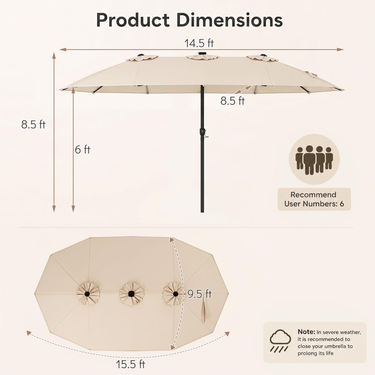 15.5FT Extra-Large Patio Umbrella 12 Reinforced Metal Ribs-Beige