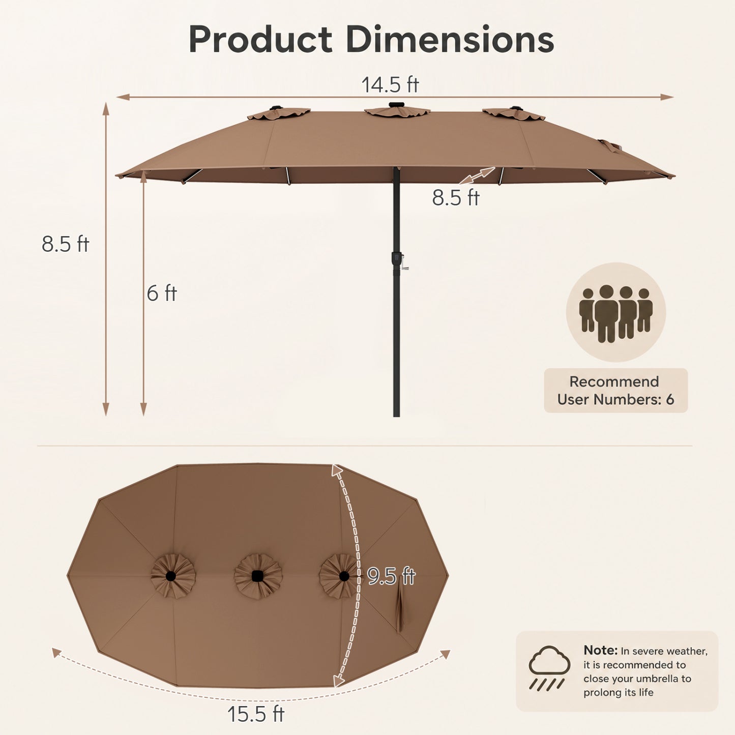 15.5FT Extra-Large Patio Umbrella 12 Reinforced Metal Ribs-Beige