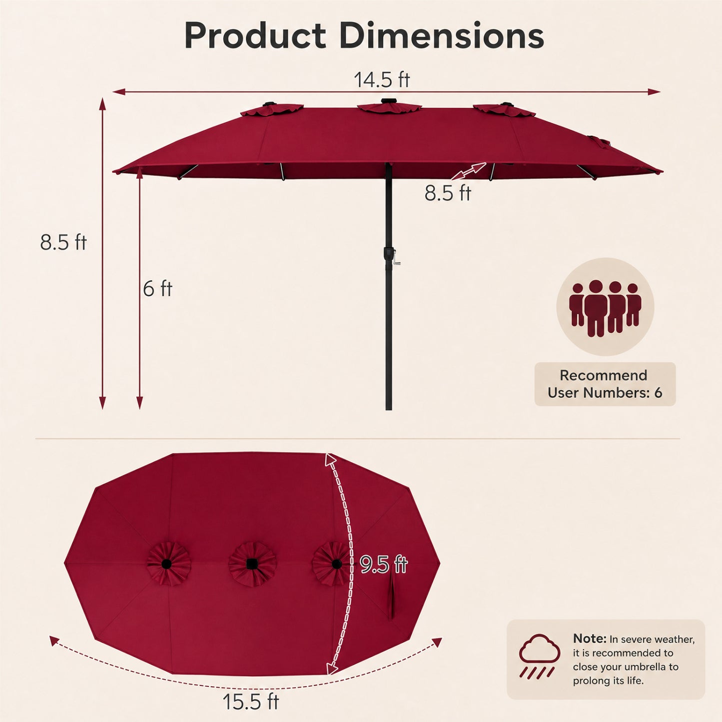 15.5FT Extra-Large Patio Umbrella 12 Reinforced Metal Ribs-Beige