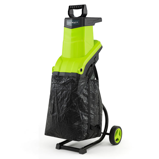 Green 15-Amp electric wood chipper shredder and mulcher with 1.8-inch max cutting diameter, ideal for outdoor garden and lawn care.