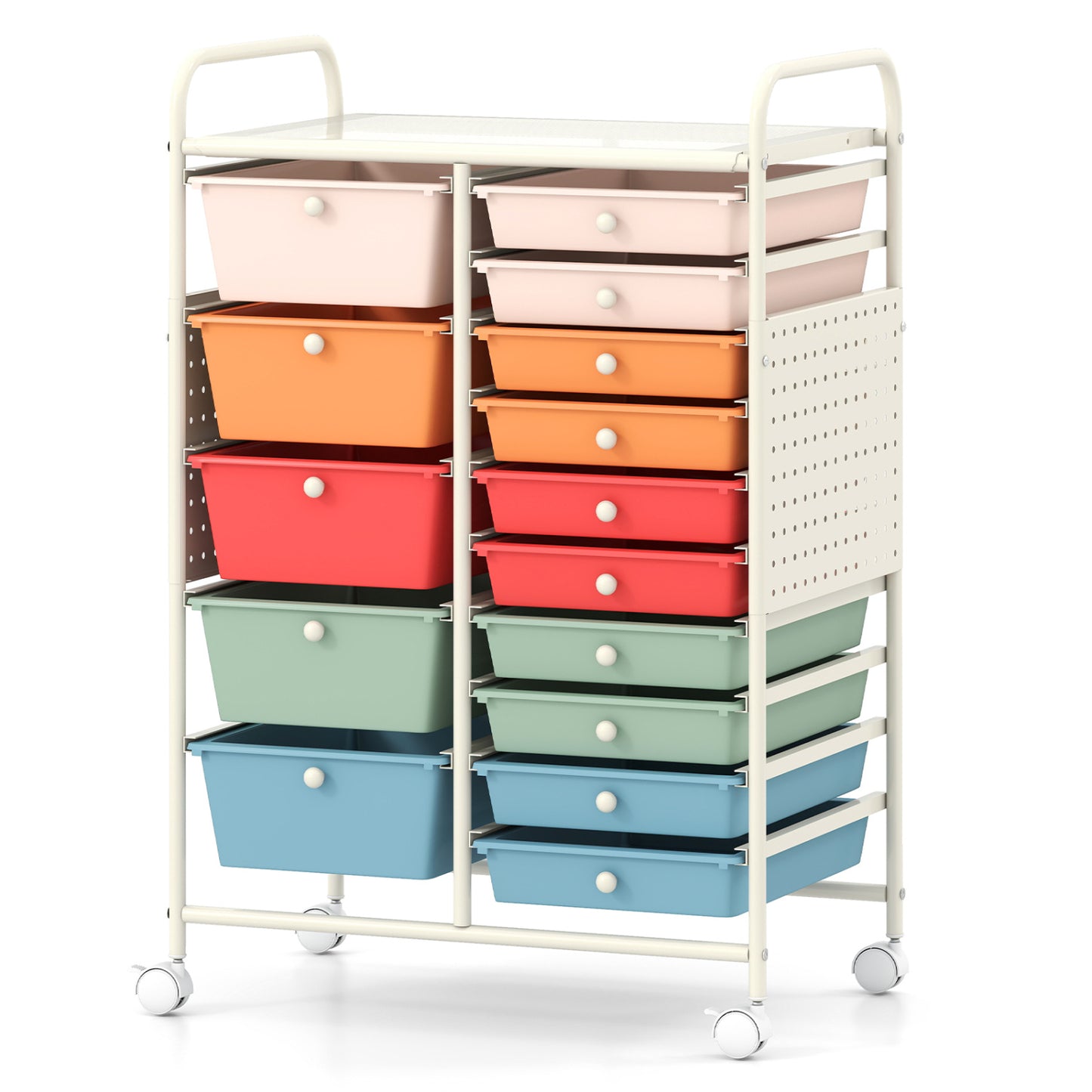 Green 15-drawer rolling storage cart with metal tabletop and pegboard, ideal for home office organization and versatile storage.