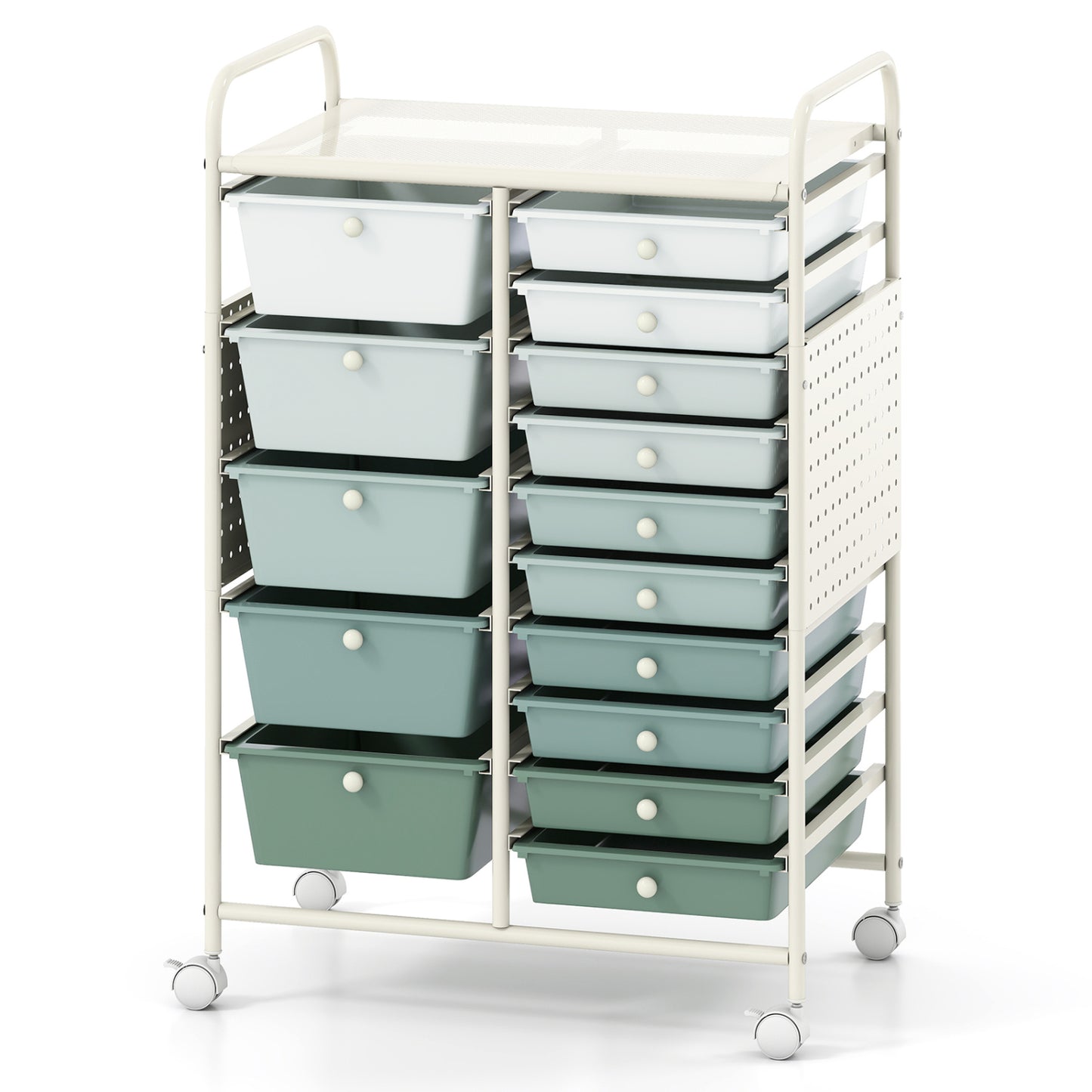 Green 15-drawer rolling storage cart with metal tabletop and pegboard, ideal for home office organization and storage.