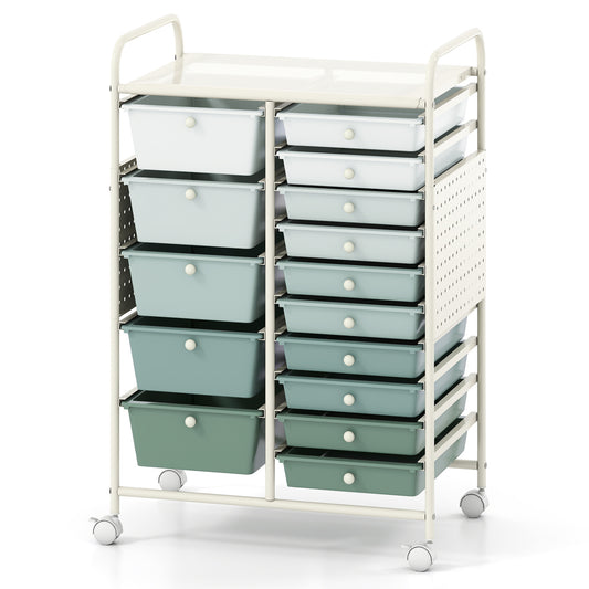 15-Drawer Rolling Storage Cart with Metal Tabletop and Pegboard-Green