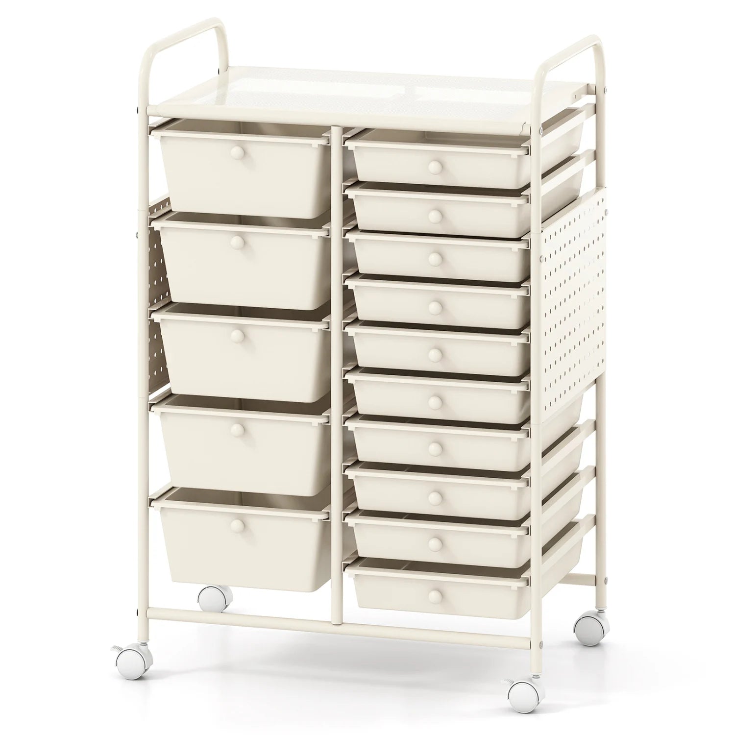 Green 15-drawer rolling storage cart with metal tabletop and pegboard, ideal for home office organization and file storage.