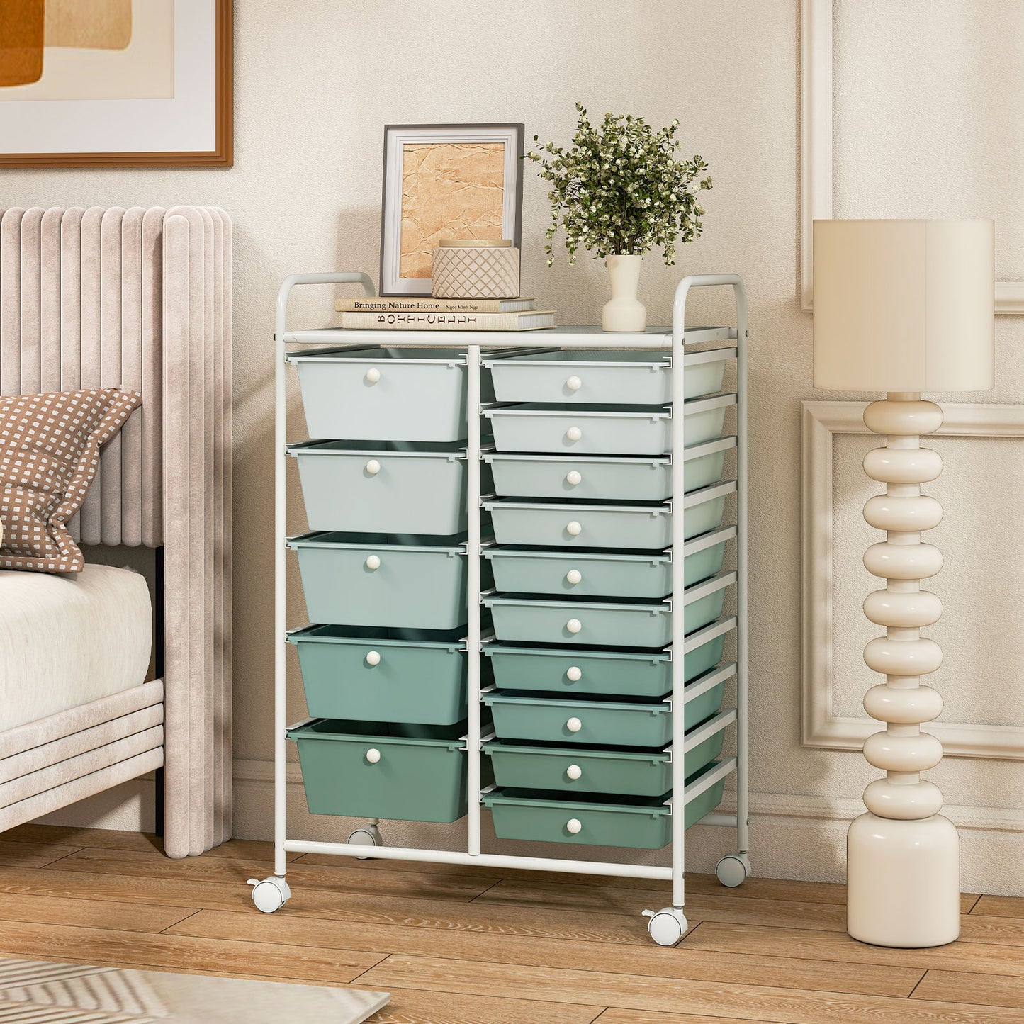 15-Drawer Utility Rolling Cart with Drawers Multi-Use Storage-Icecream Multicolor