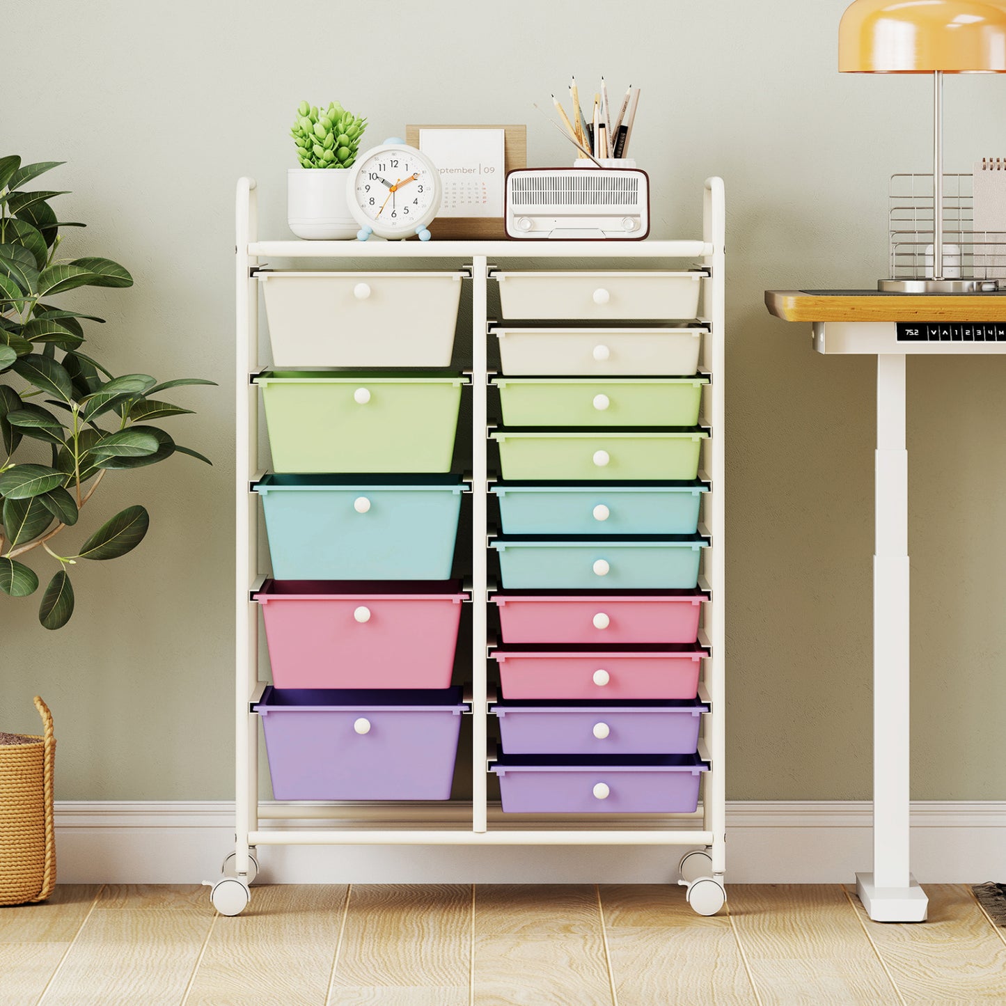 15-Drawer Utility Rolling Cart with Drawers Multi-Use Storage-Icecream Multicolor