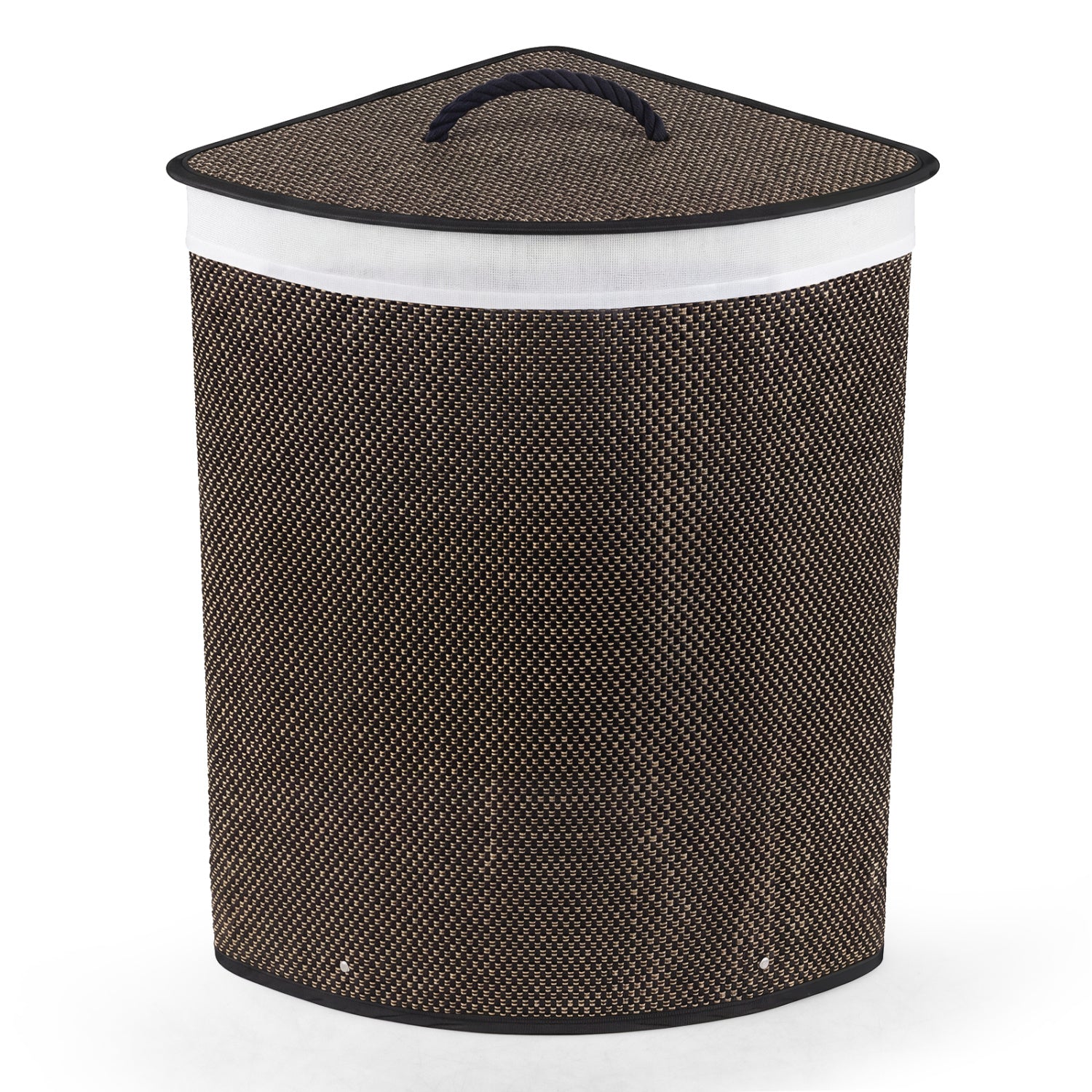 Black 15-gallon bamboo laundry hamper with removable liner and handles, designed for bathroom storage and organization.