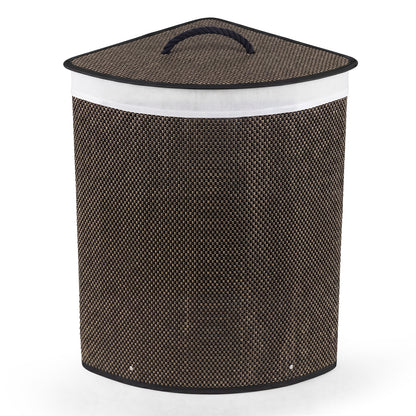 Black 15-gallon bamboo laundry hamper with removable liner and handles, designed for bathroom storage and organization.