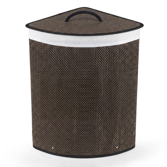 Black 15-gallon bamboo laundry hamper with removable liner and handles, designed for bathroom storage and organization.