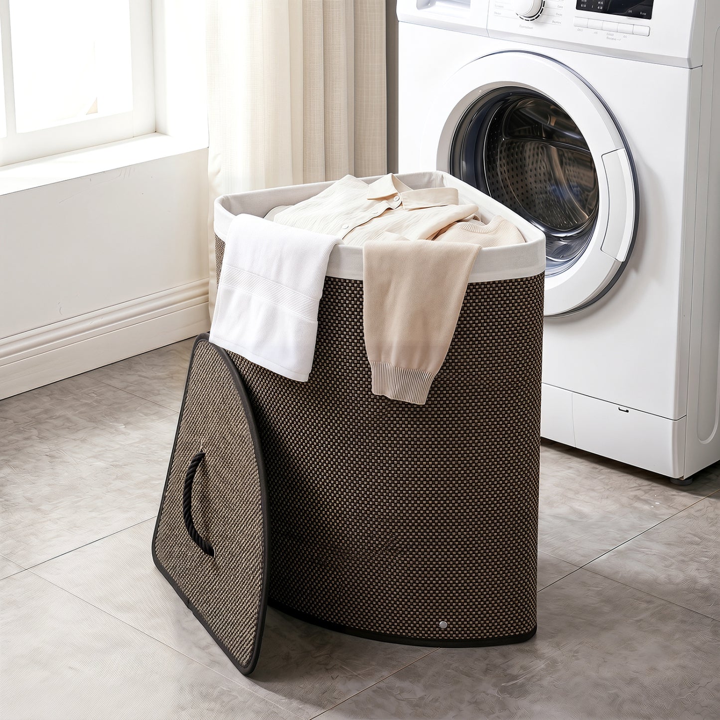 Black 15-gallon bamboo laundry hamper with removable liner, rectangular shape, sturdy handles, ideal for bathroom laundry storage.