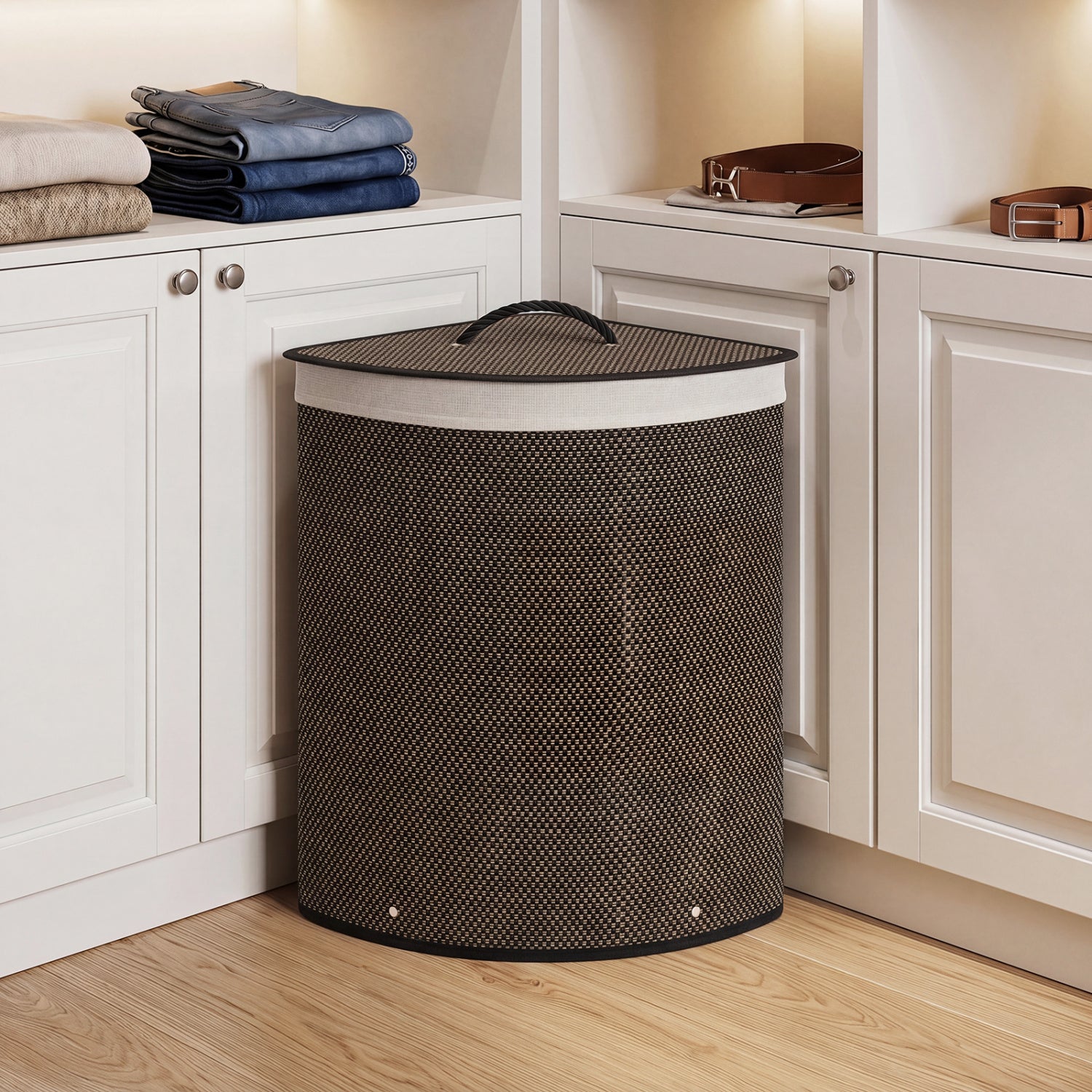 Black 15-gallon bamboo laundry hamper with removable liner, ideal for bath or laundry room storage and organization.