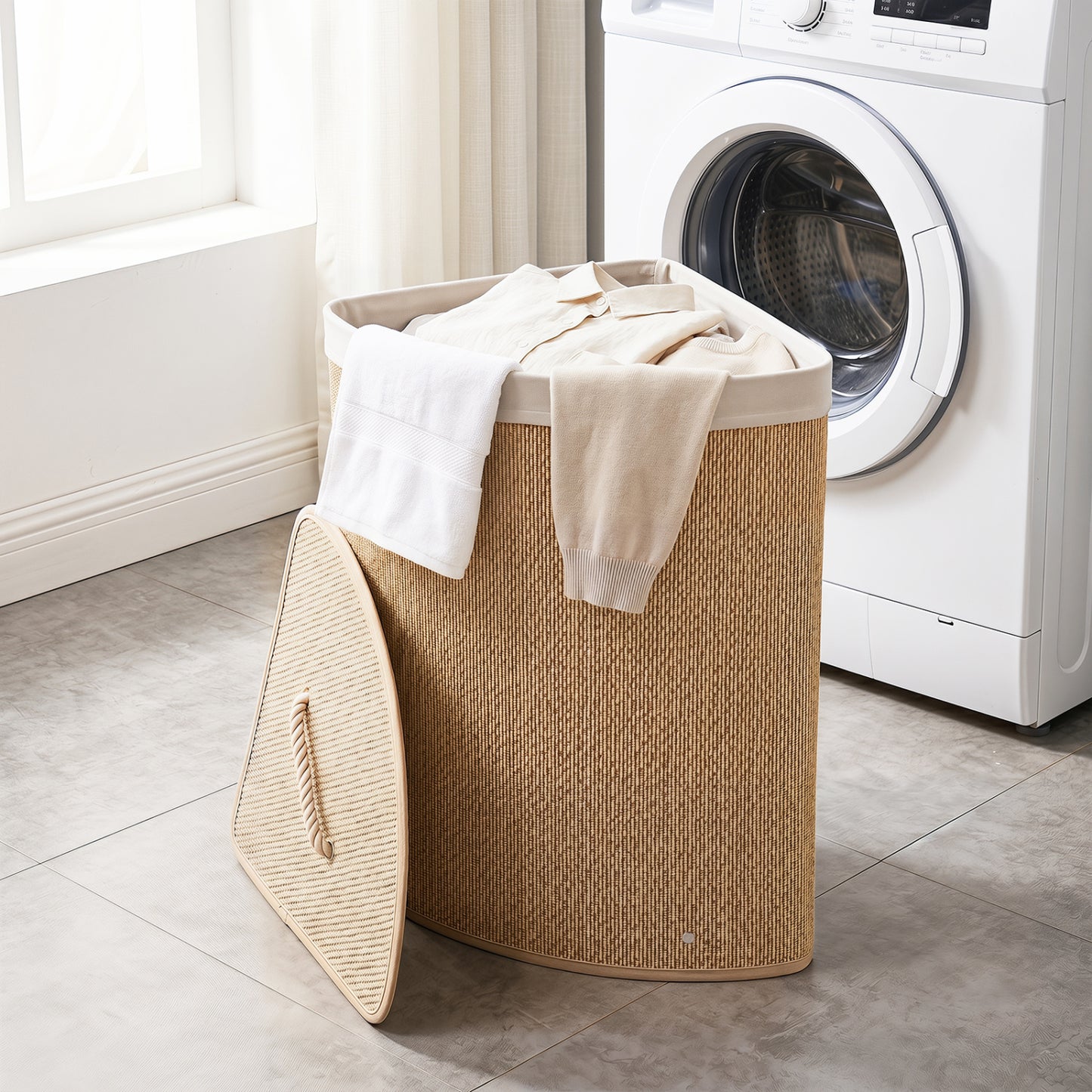 Black 15-gallon bamboo laundry hamper with removable liner, rectangular design, sturdy handles, and natural finish for bath or laundry room.