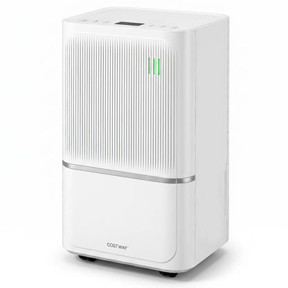 White 15L dehumidifier with drain hose and smart control for 2500 sq ft home, designed for effective moisture removal.