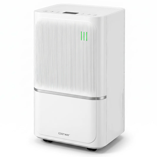 White 15L dehumidifier with drain hose and smart control for 2500 sq ft home, designed for effective moisture removal.