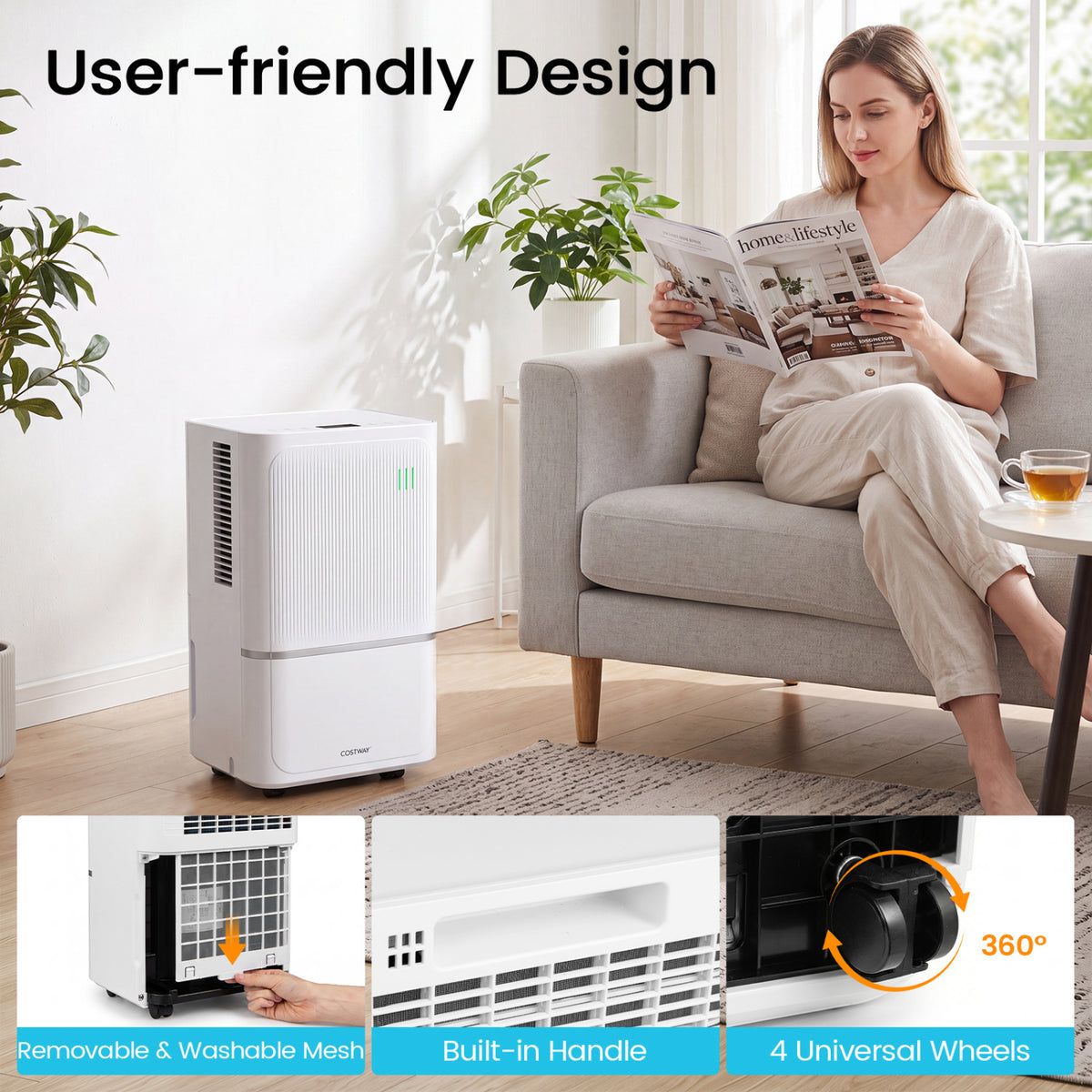 White 15 L dehumidifier by Wilsons Home Store with drain hose and smart controls, suitable for 2500 sq ft home climate management.