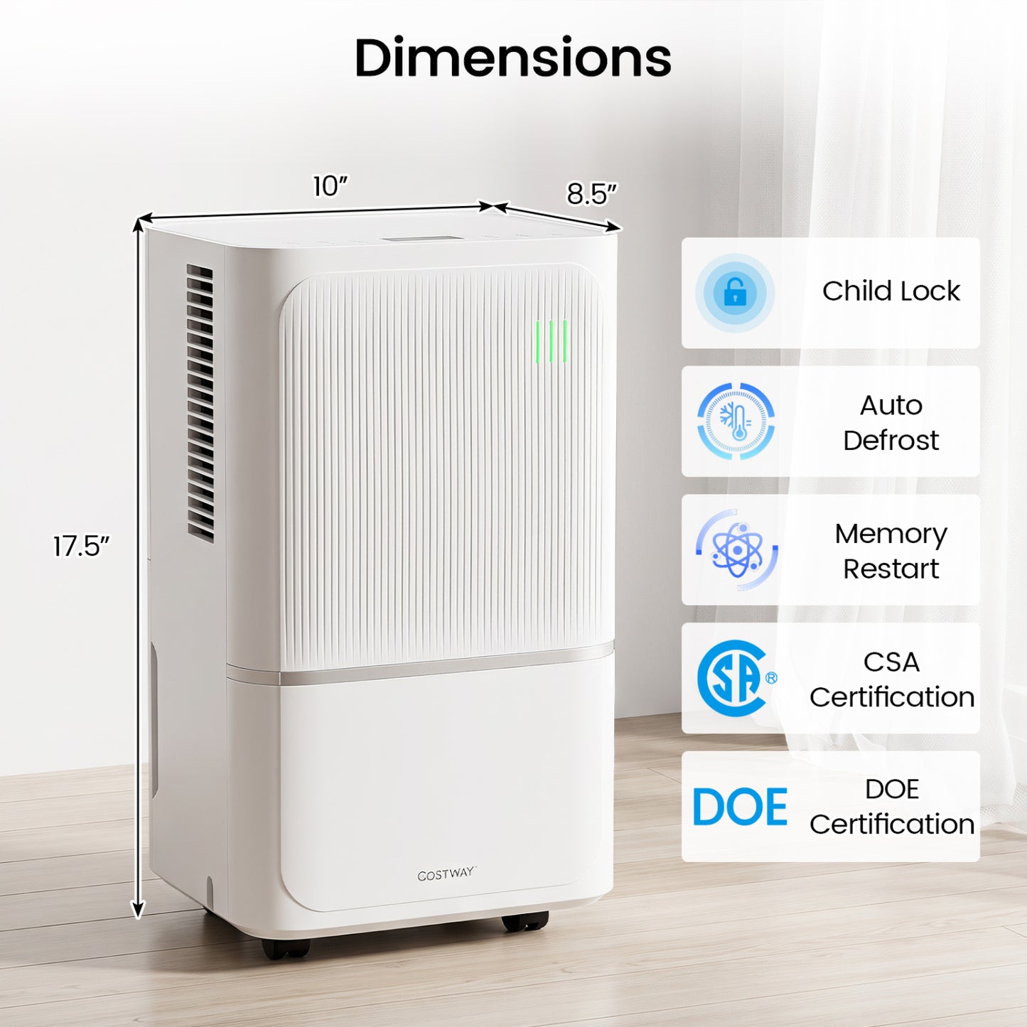 White 15 L dehumidifier by Wilsons Home Store with drain hose and smart control for rooms up to 2500 sq ft, ideal for home climate control.