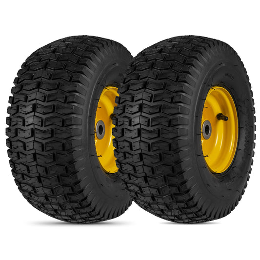 Pair of 15x6.00-6 tubeless tires and wheels with yellow accents, designed for garden equipment from Wilsons Home Store.