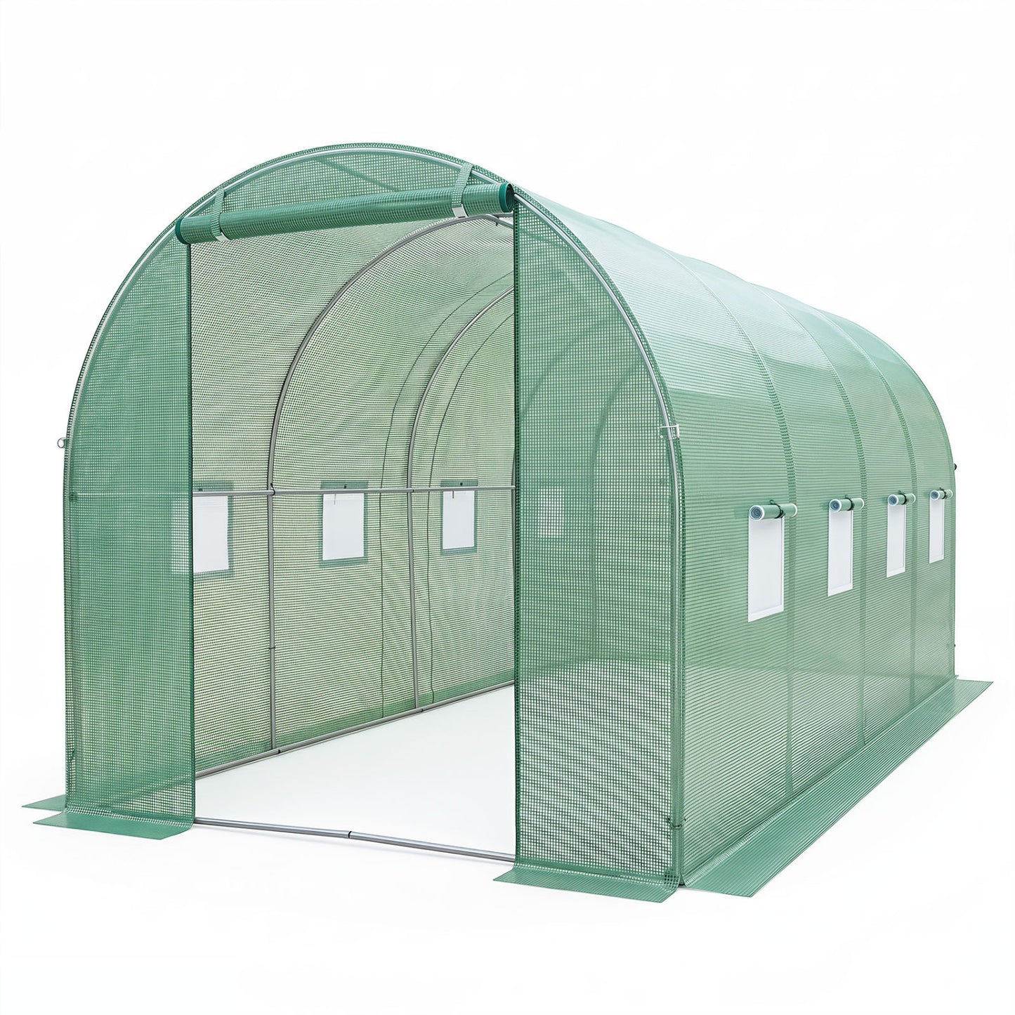 Large 15x7x7 ft green walk-in outdoor greenhouse by Wilsons Home Store, ideal for garden protection and plant growth.