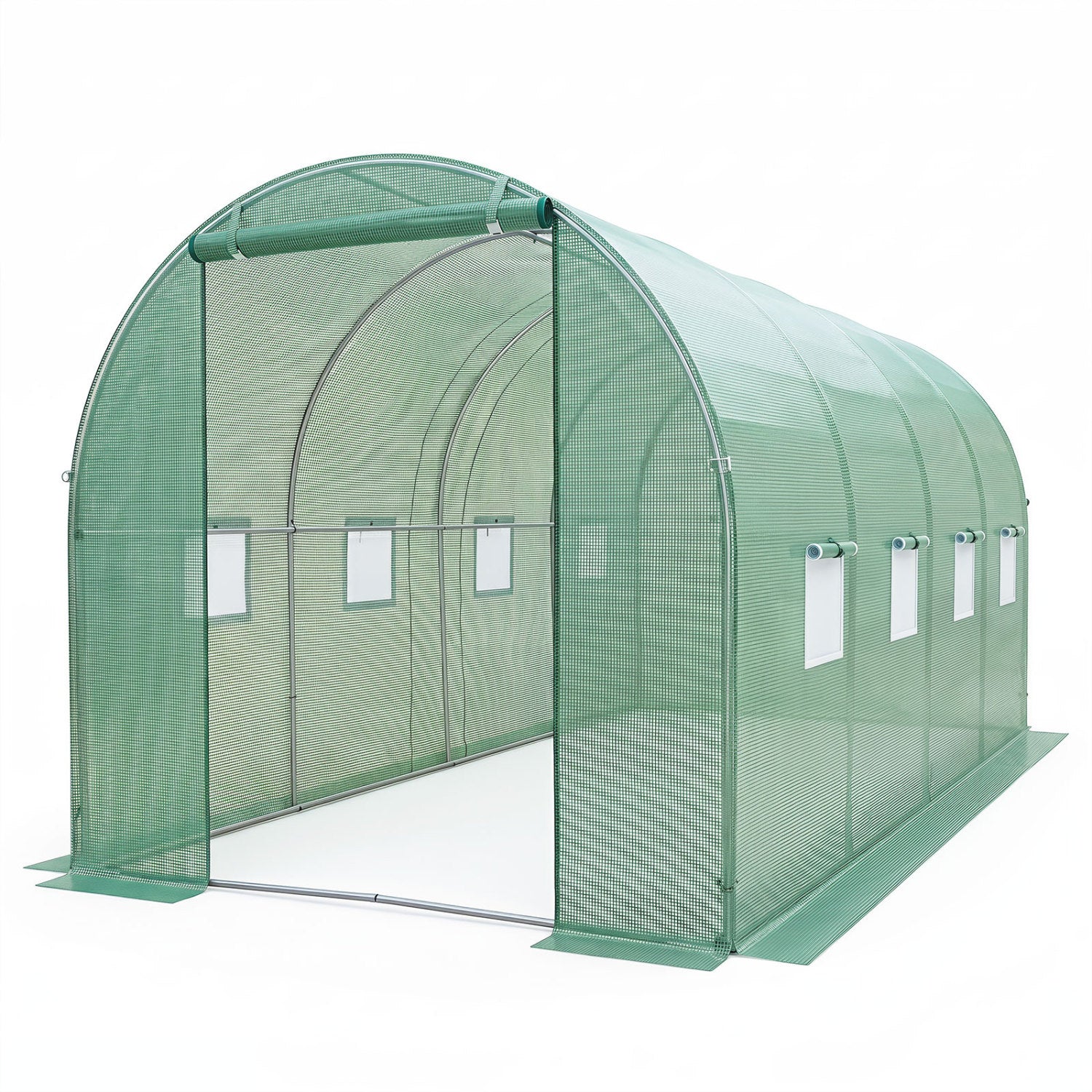 Large 15x7x7 ft green walk-in outdoor greenhouse by Wilsons Home Store, ideal for garden protection and plant growth.