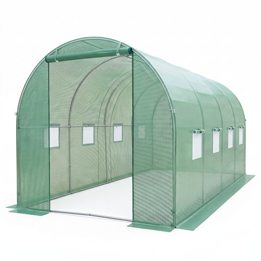 Large 15x7x7 ft green walk-in outdoor greenhouse by Wilsons Home Store, ideal for garden protection and plant growth.
