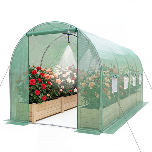 Green walk-in greenhouse by Wilsons Home Store, 15x7x7 ft with integrated watering system for outdoor gardening.