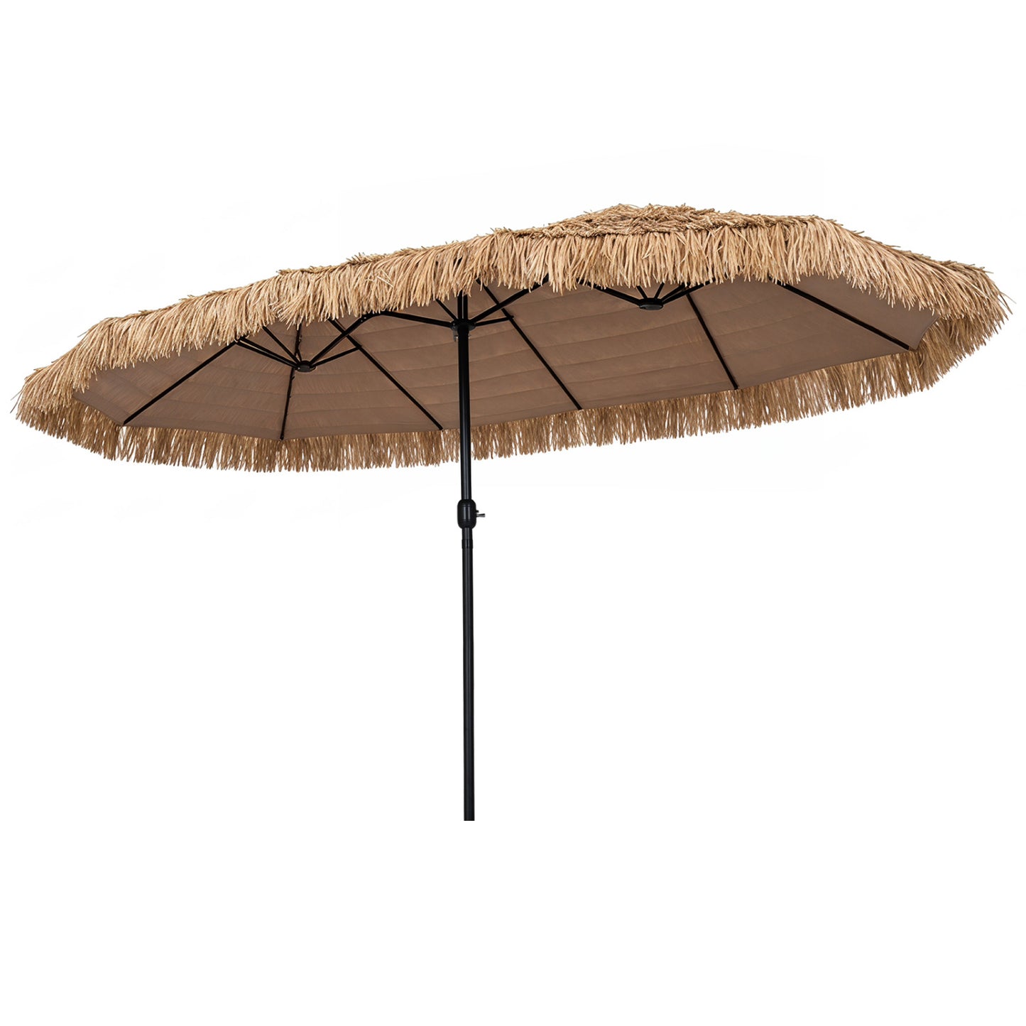 Double-sided thatched Tiki patio umbrella in brown with crank handle and 12 sturdy ribs, measures 15x9 feet.